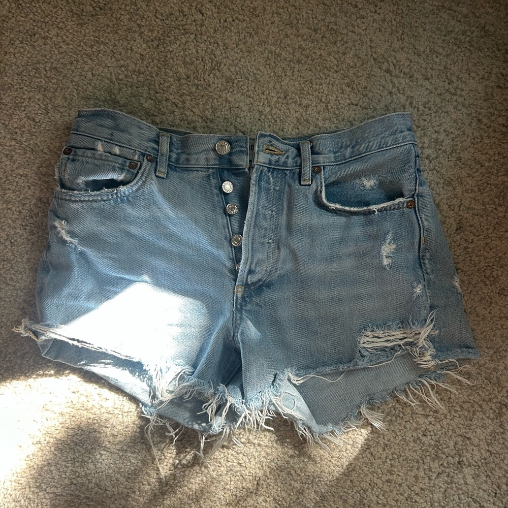 Agolde Light Blue Frayed Jean Shorts